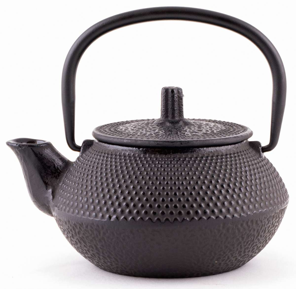 A black cast iron teapot with a removable strainer basket.
