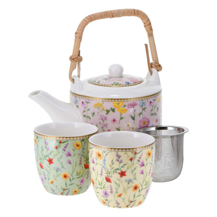 A teapot with bamboo handle, stainless steel strainer, and 2 cups. These are a set decorated in pale pastel colours with delicate flowers