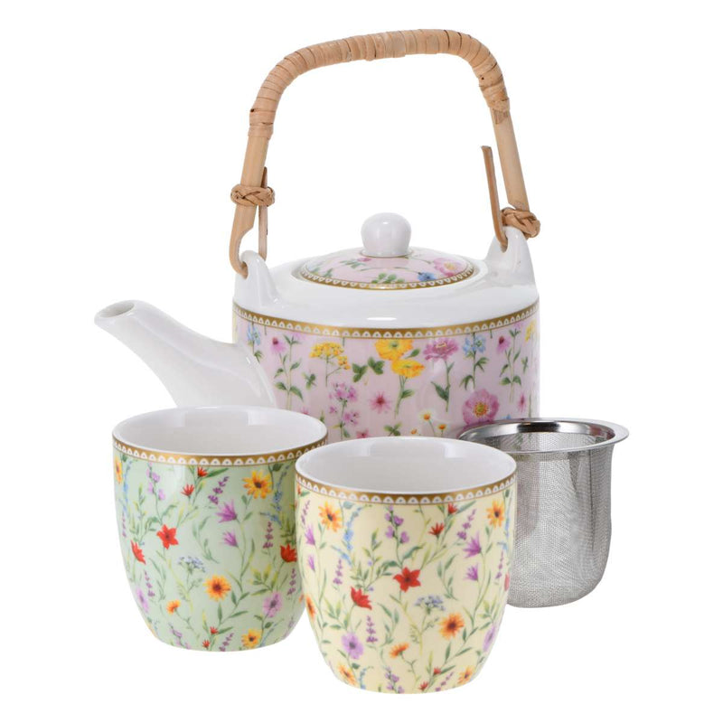 A teapot with bamboo handle, stainless steel strainer, and 2 cups. These are a set decorated in pale pastel colours with delicate flowers