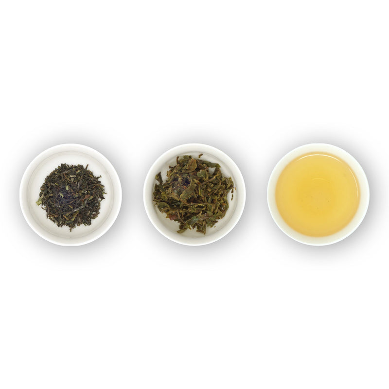 Three white bowls arranged in a row with the contents of tea leaves, brewed tea, and tea liquor in them, on a white background.