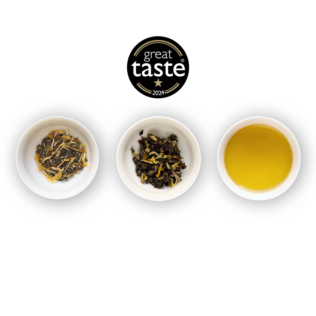 Image showing 3 small tea cups, one with the dry leaf, one with the wet leaf and a final with the brewed liquid