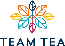Multi-coloured Team Tea logo, a geometric pattern of stylised tea leaves, with text below.