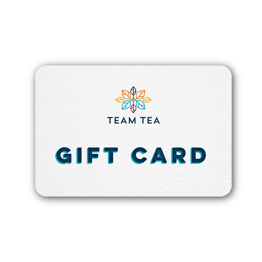 Image of a rectangular white card with words GIFT CARD and Team Tea logo on a white background
