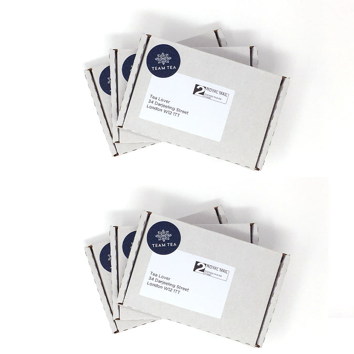 A collection of 6 tea subscription boxes labeled 'Team Tea' arranged in a grid pattern on a white background.