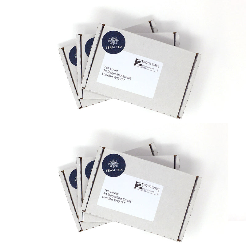 A collection of 6 tea subscription boxes labeled 'Team Tea' arranged in a grid pattern on a white background.