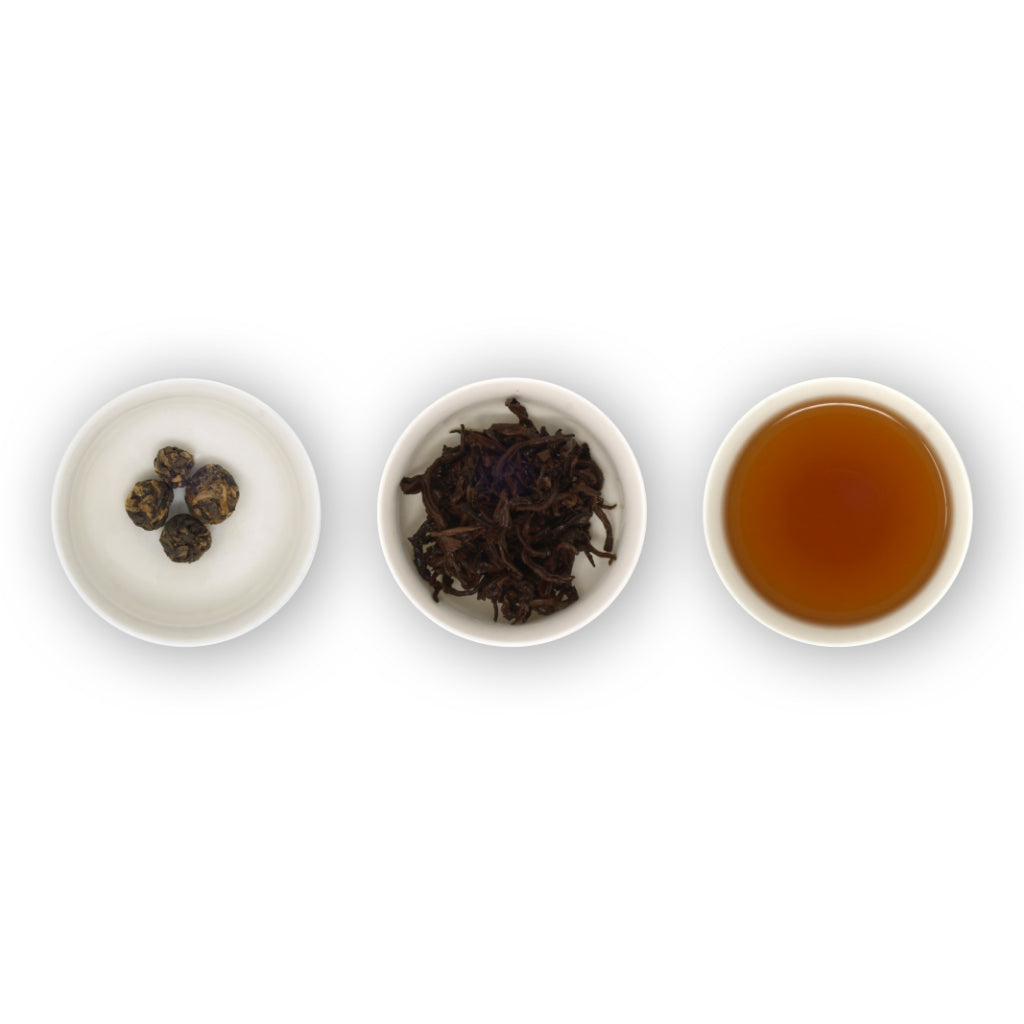 Three white bowls containing black dragon pearls tea leaves in different states: top left - rolled pearls, middle - brewed leaves, right - brewed tea.