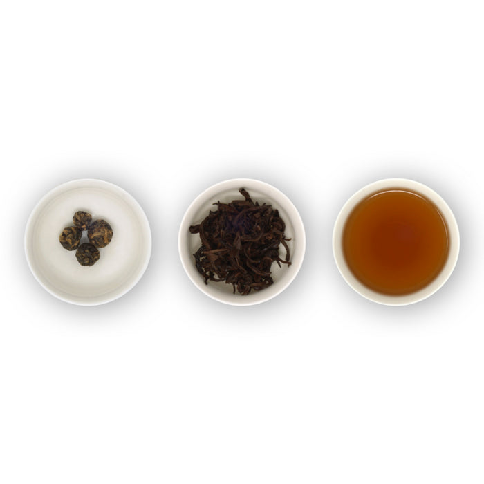 Three white bowls containing black dragon pearls tea leaves in different states: top left - rolled pearls, middle - brewed leaves, right - brewed tea.