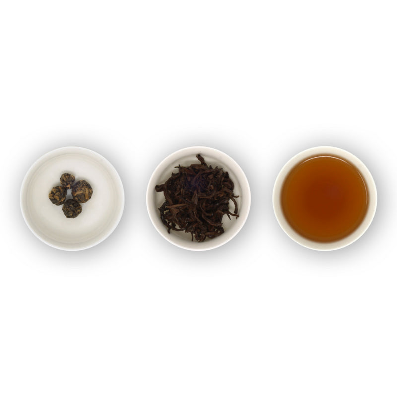 Three white bowls containing black dragon pearls tea leaves in different states: top left - rolled pearls, middle - brewed leaves, right - brewed tea.