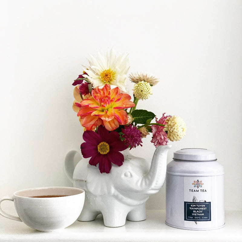 A cup of black tea sits on a shelf next to a caddy of loose-leaf tea labelled 'Kim Tuyen Rainforest Black Vietnam'. In between is an elephant shaped teapot holding a small bouquet of vibrant flowers.