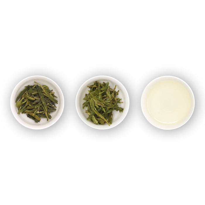 Three circular bowls with samples of Chinese green tea. The first bowl shows dry loose tea leaves, the second bowl shows the tea leaves after brewing, and the third bowl shows the brewed tea liquid.