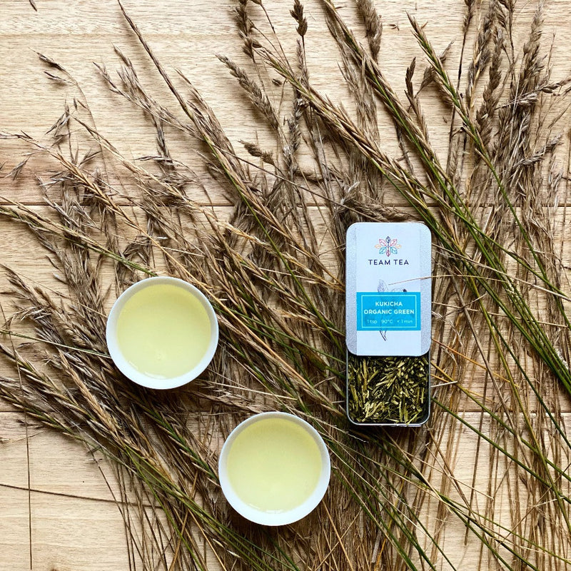 Two cups of green tea placed on a wooden surface with dry grasses around and a tin of tea leaves labelled Kukicha Organic Green.