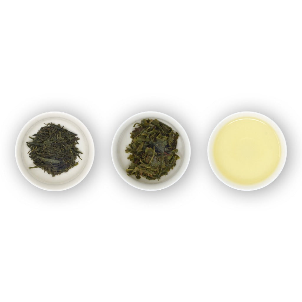 Three white bowls containing loose green tea leaves, with the bowl on the right showing the brewed tea.