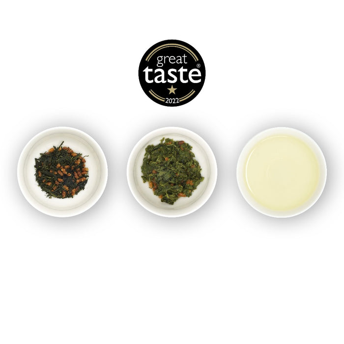 3 ramekins on a white background showing dry leaf, wet leaf and brewed tea