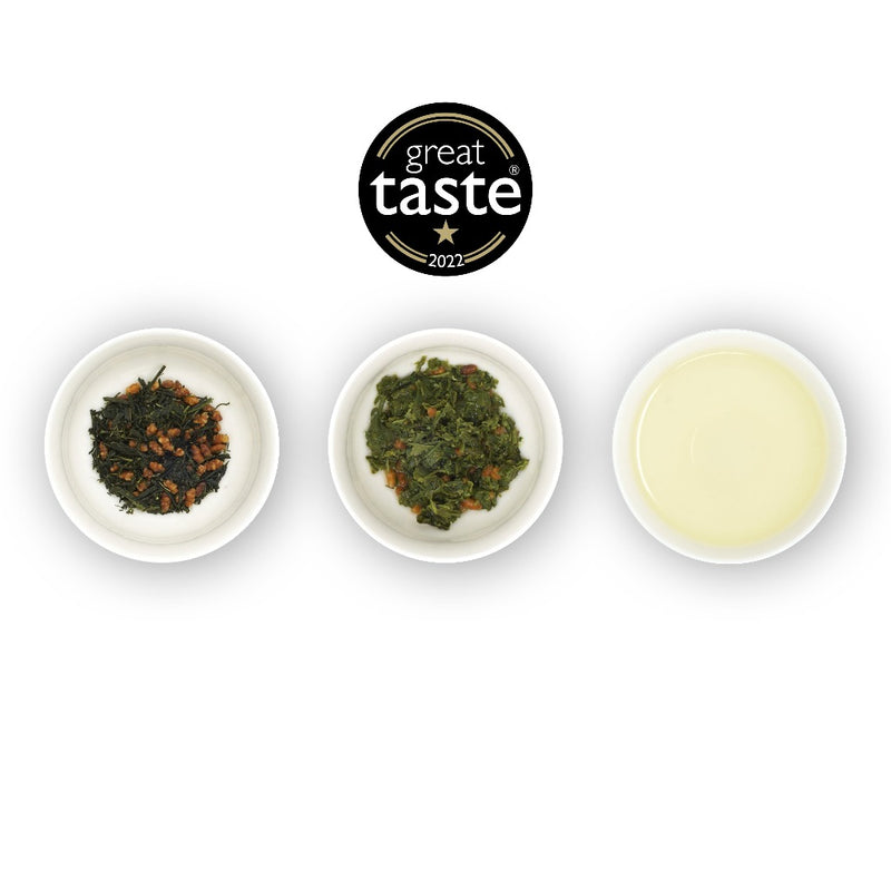 3 ramekins on a white background showing dry leaf, wet leaf and brewed tea
