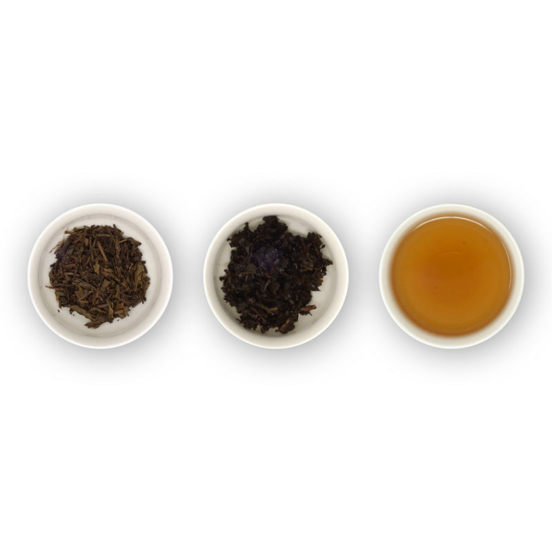 Three circular bowls arranged in a row, with the left bowl showing dry roasted green tea leaves, the middle bowl showing loose tea leaves, and the right bowl showing brewed tea in a cup.