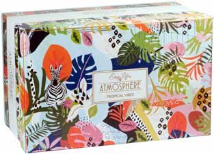 A gift box adorned in a tropical motif with a zebra