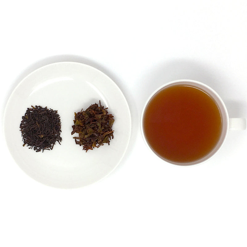 A cup of brewed Sri Lankan (Ceylon) black tea sits next to a plate of loose leaf teas, showing the dry leaf and then the brewed wet leaf.