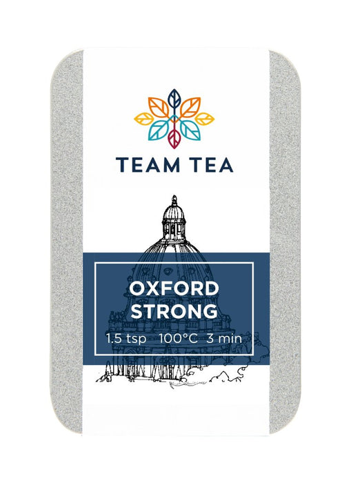 A small metal tin on a white background. The tin has a blue label with a sketch of the Radcliffe Camera in Oxford. The tin contains loose black tea.