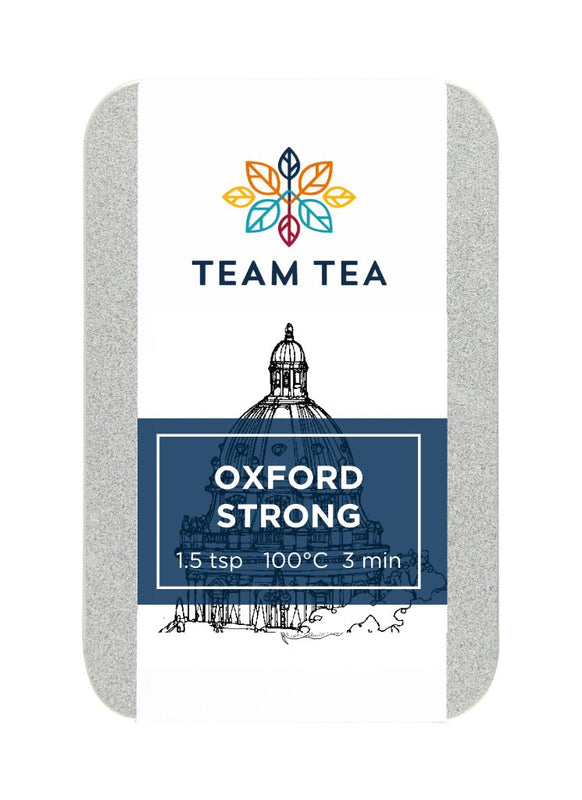 A small metal tin on a white background. The tin has a blue label with a sketch of the Radcliffe Camera in Oxford. The tin contains loose black tea.
