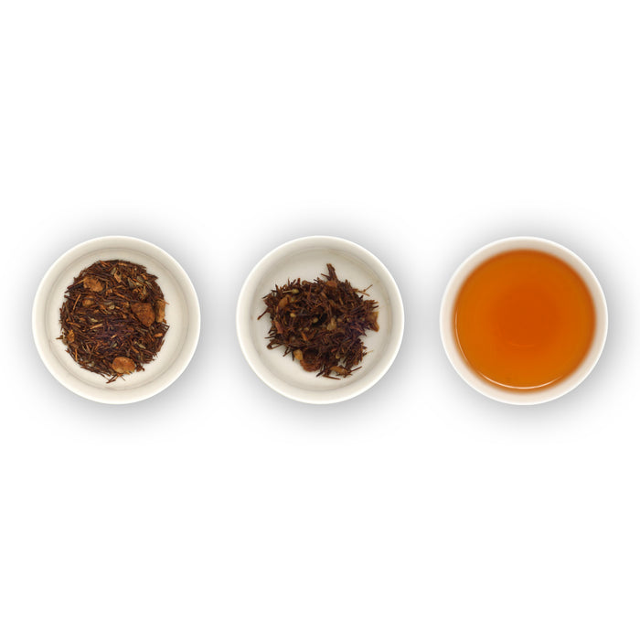Three circular bowls arranged in a row, with the left bowl showing a festive rooibos blend, the middle bowl showing loose tea leaves, and the right bowl showing brewed tea in a cup.