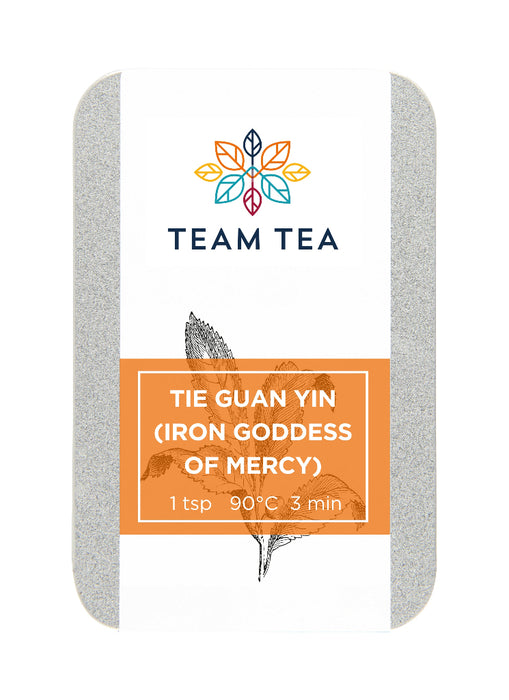 A slide tin of Tea Tea Tie Guan Yin (Iron Goddess of Mercy) on a white background