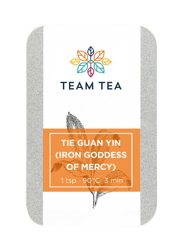 A slide tin of Tea Tea Tie Guan Yin (Iron Goddess of Mercy) on a white background