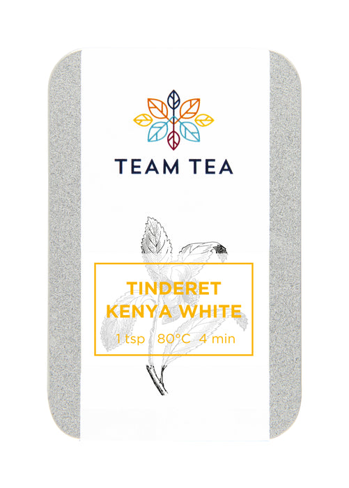 A silver metal tin with white label and yellow text. The tin contains loose-leaf white tea from Kenya.