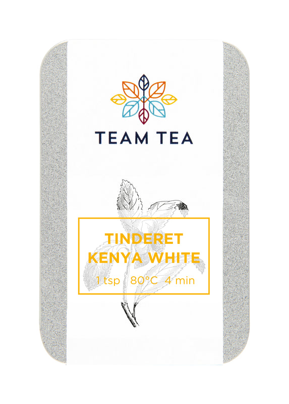 A silver metal tin with white label and yellow text. The tin contains loose-leaf white tea from Kenya.