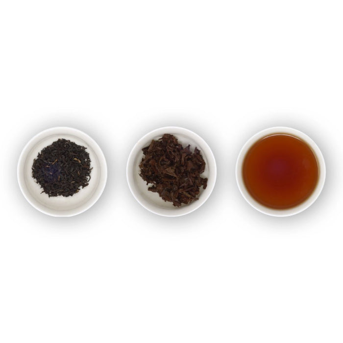 Three circular bowls arranged in a row, with the left bowl showing dry black tea leaves, the middle bowl showing brewed black tea leaves, and the right bowl showing a cup of brewed black tea with a dark amber colour.