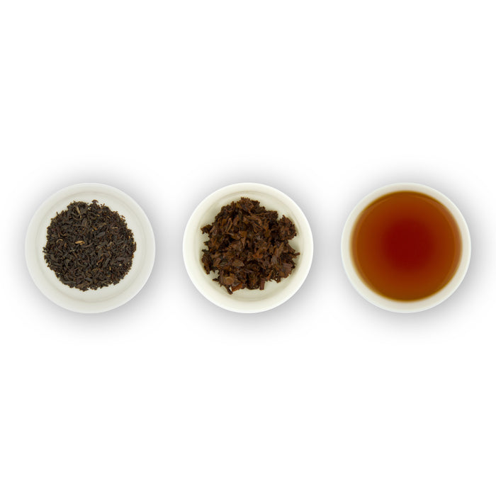 Three circular bowls arranged in a row, with the left bowl showing dry black tea leaves, the middle bowl showing loose tea leaves, and the right bowl showing brewed tea in a cup.