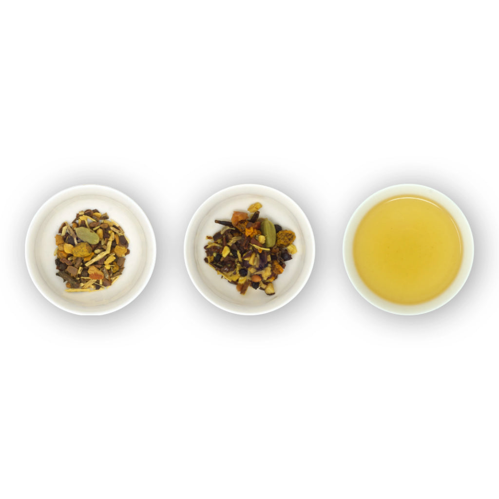Three white bowls containing loose tea leaves and spices, and a cup with brewed turmeric tea