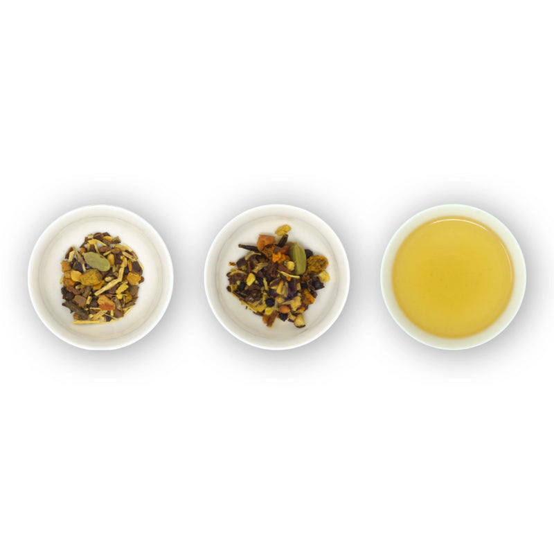 Three white bowls containing loose tea leaves and spices, and a cup with brewed turmeric tea