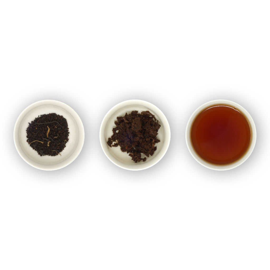 Three circular bowls arranged in a row, with the left bowl showing dry black tea leaves, the middle bowl showing loose tea leaves, and the right bowl showing brewed tea in a cup.