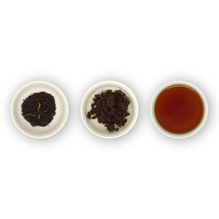 Three circular bowls arranged in a row, with the left bowl showing dry black tea leaves, the middle bowl showing loose tea leaves, and the right bowl showing brewed tea in a cup.
