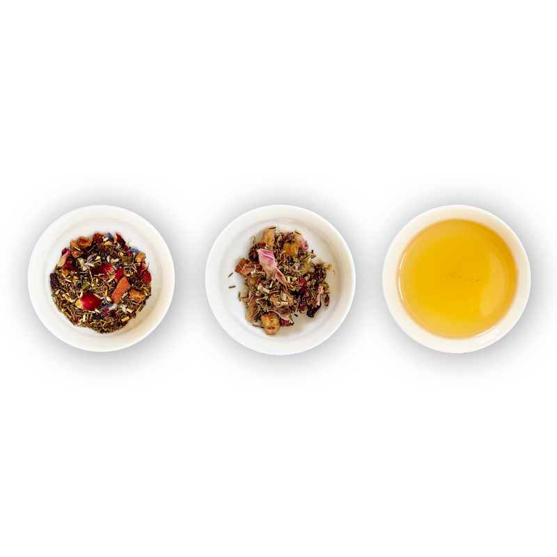 Three white ramekins on a white background. The left ramekin has the Ashmolean Bloom dry leaf, the middle the wet leaf and on the right the brewed tisane