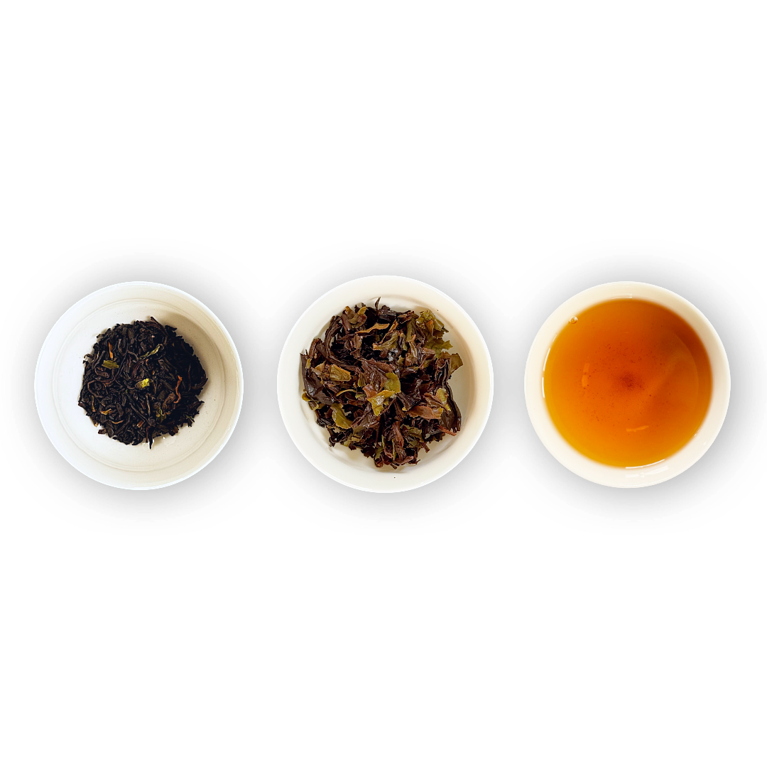 Three small white ramekins arranged horizontally on a white background, showing tea product stages: dried leaves on the left, brewed tea leaves on the center, and amber-colored tea liquid on the right.
