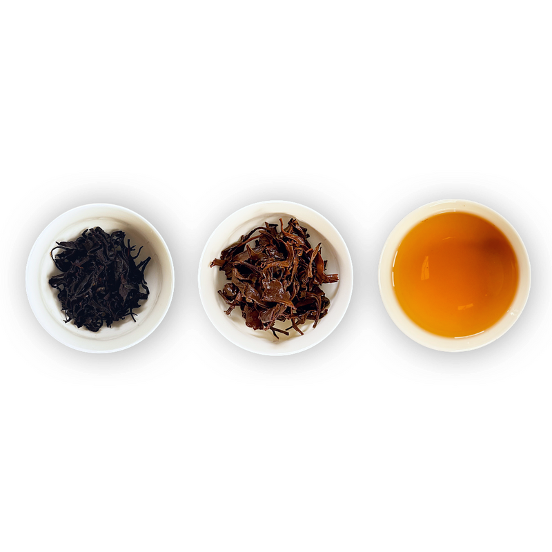 Three small white ramekins arranged horizontally on a white background, showing tea product stages: dark dried leaves on the left, reddish-brown wet tea leaves in the center, and amber-colored brewed tea on the right.