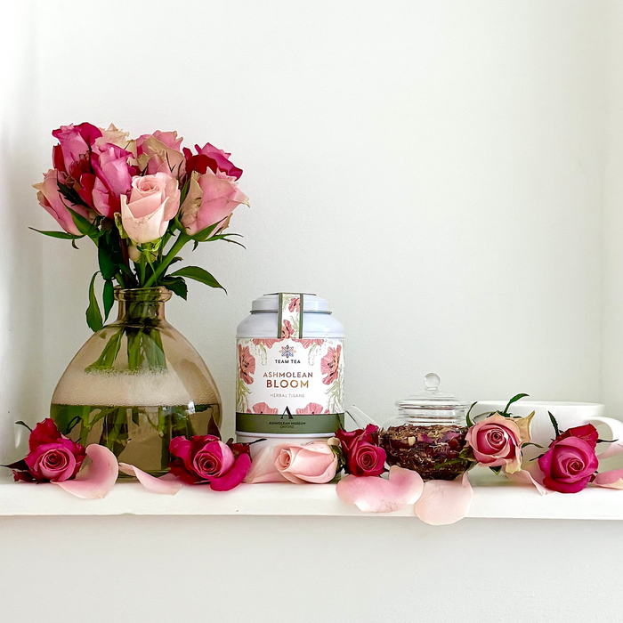 Ashmolean Bloom Caddy with a glass teapot of leaves on a white shelf surrounded by pink roses