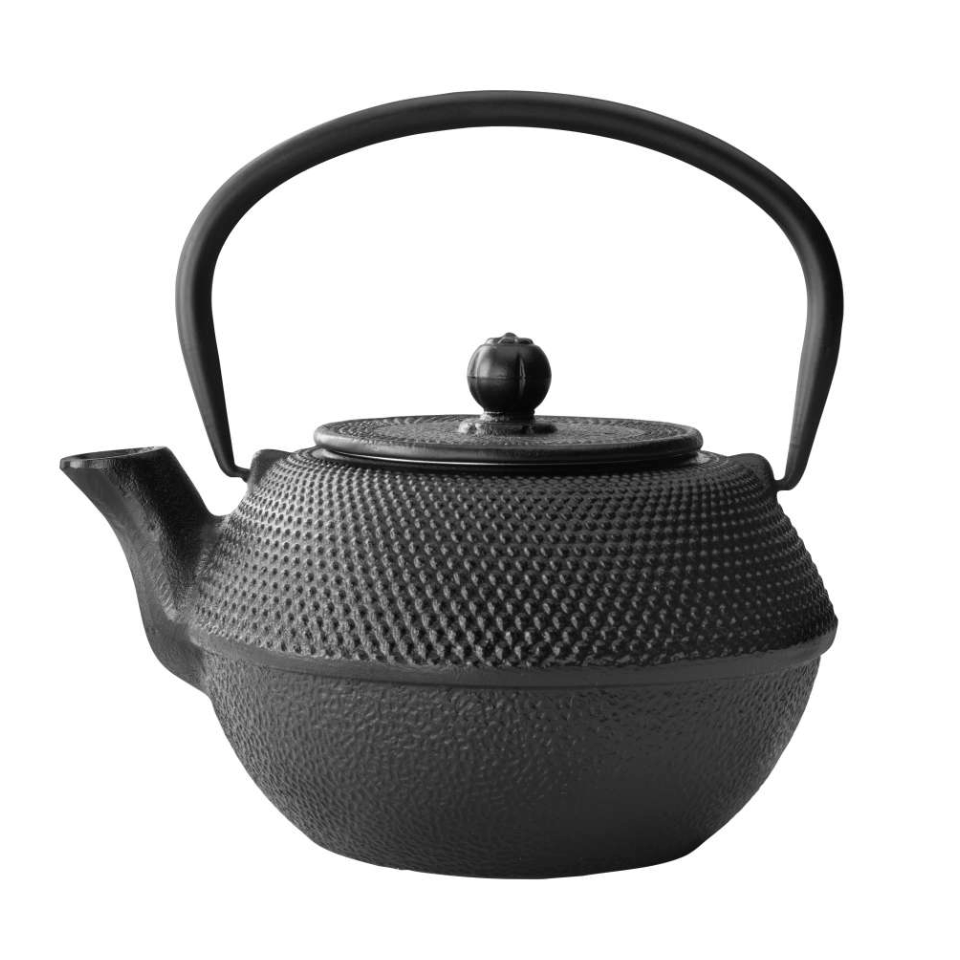 A black cast iron teapot with a textured, dimpled surface, featuring a matching lid with a small spherical knob and a curved carrying handle, shown against a plain white background.