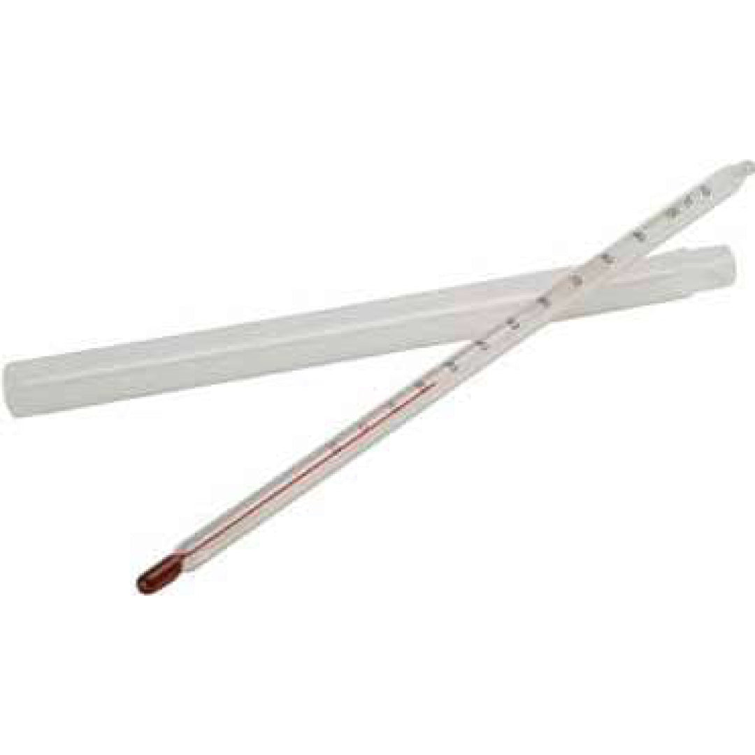 A glass water thermometer filled with red indicator liquid next to a protective case