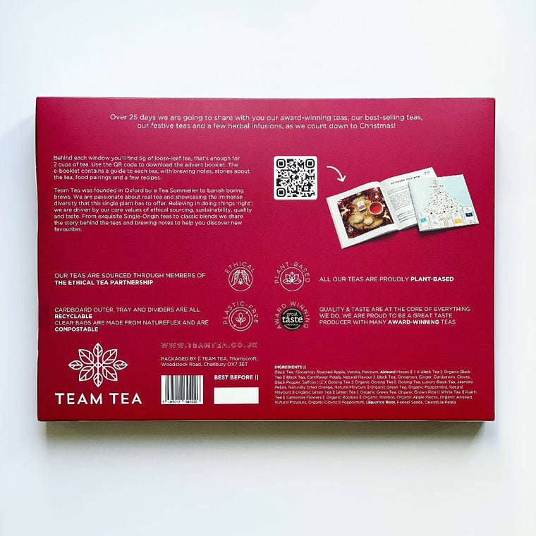 Picture showing advent calendar on white background. One of the doors has been opened and a sachet of tea is shown on the calendar