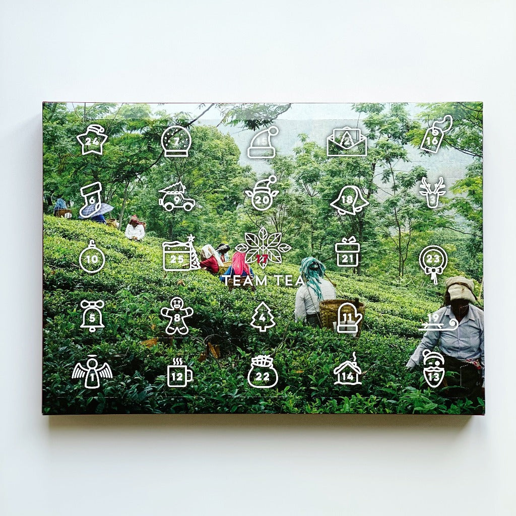 Picture showing advent calendar on white background. Front image is of a field of tea pickers with christmas symbols on each door.