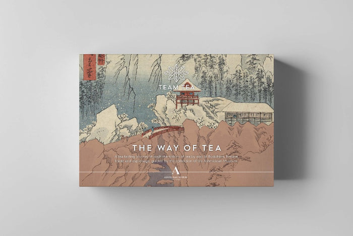 Image showing the front of the Way of Tea set against a light background. The packaging features a woodblock print by Japanese artist Utagawa Hiroshige I, titled Snow on Mount Haruna in Kōzuke Province